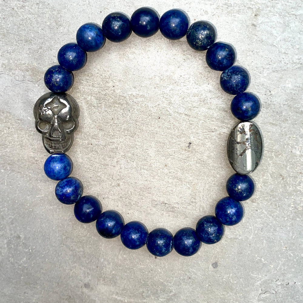 
                  
                    Load image into Gallery viewer, Pyrite Skull and Genuine Gemstones Men’s Stretch Bracelet
                  
                