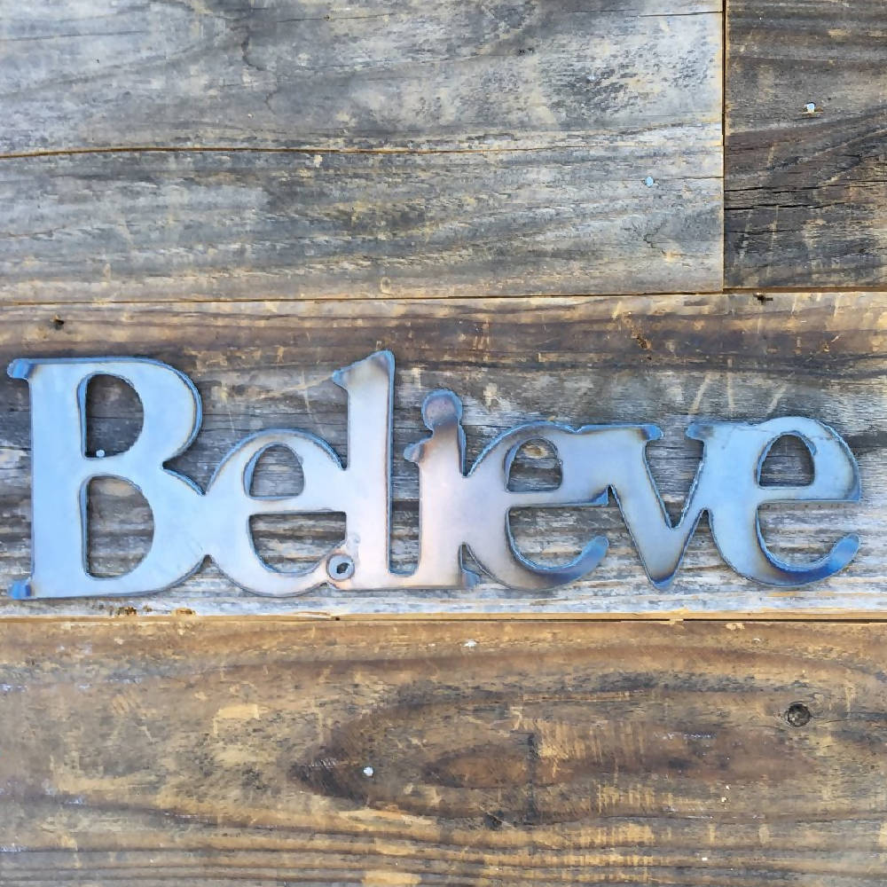 
                  
                    Load image into Gallery viewer, Rustic Home, Believe 12 x 4,  Farmhouse, Metal Words, Kitchen Wall Decor, Home Decor, Farmhouse Sign, Motivational, Christian
                  
                
