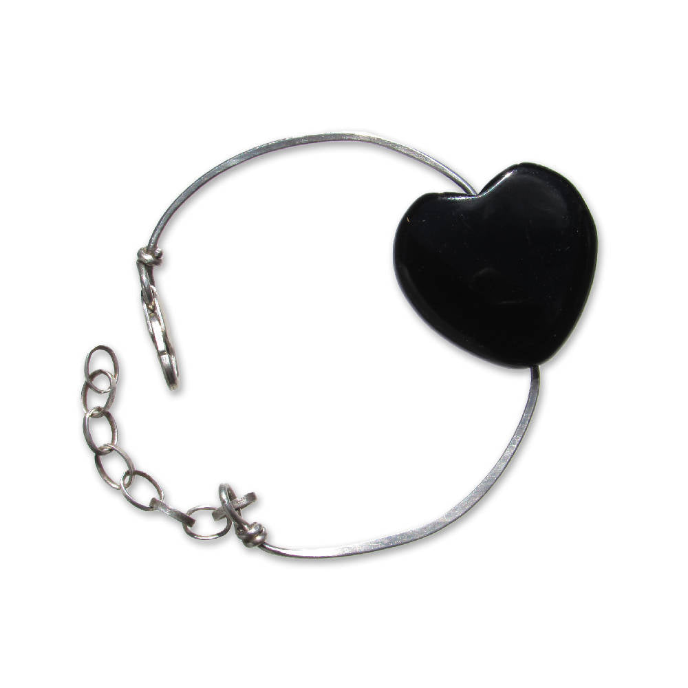Large Onyx gemstone Heart on Sterling Silver Bangle Bracelet
