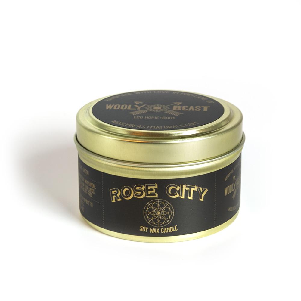 
                  
                    Load image into Gallery viewer, rose city of roses portland oregon soy candle wooly beast naturals hand poured handmade clean burning small batch amber gold travel tin essential oils eco friendly vegan best smelling
                  
                