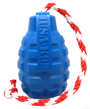 
                  
                    Load image into Gallery viewer, USA-K9 Grenade Durable Rubber Chew Toy, Treat Dispenser, Reward Toy, Tug Toy, and Retrieving Toy
                  
                