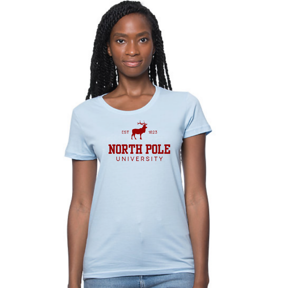 
                  
                    Load image into Gallery viewer, North Pole University womens tee PWD BLUE
                  
                