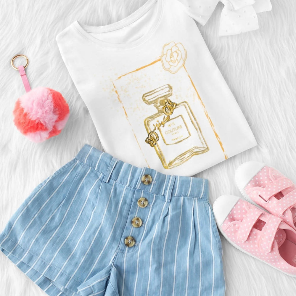 
                  
                    Load image into Gallery viewer, White Graphic Toddler &amp;quot;Couture&amp;quot; Perfume Bottle Tee
                  
                