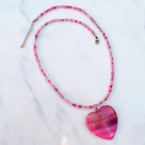 
                  
                    Load image into Gallery viewer, Pink Banded Agate gemstone Heart on pink agate necklace
                  
                