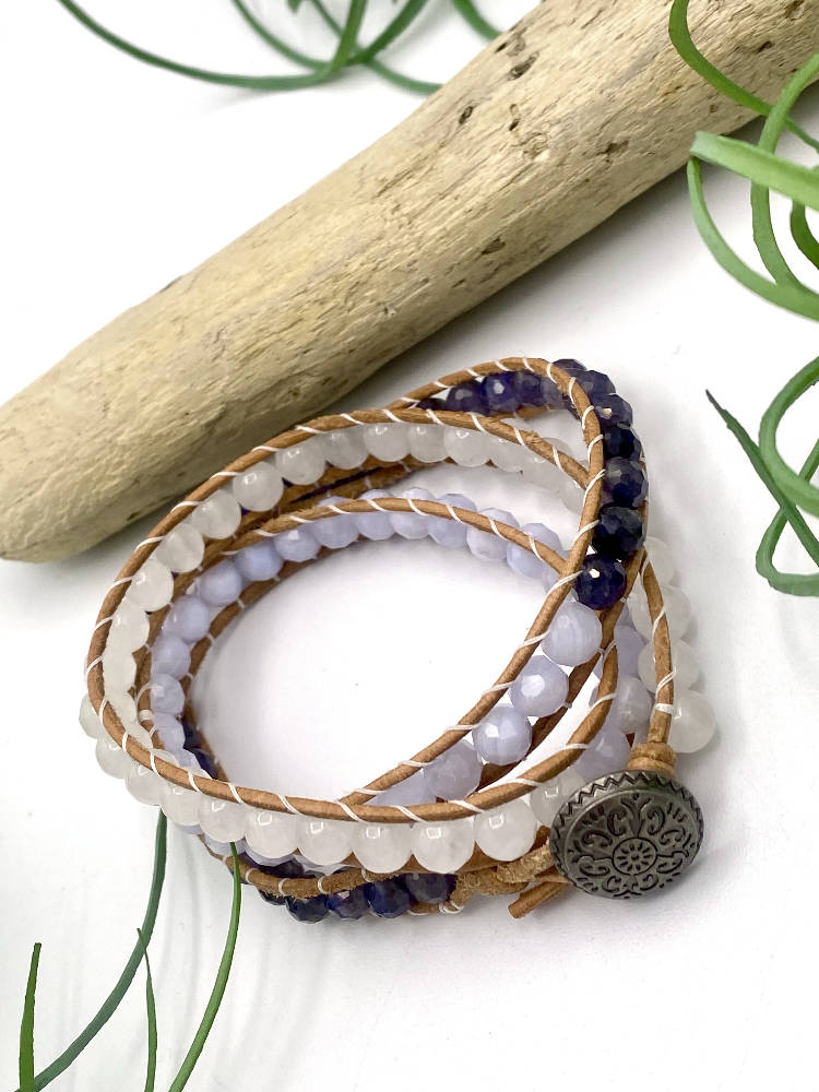 
                  
                    Load image into Gallery viewer, Jade, Chalcedony, &amp;amp; Iolite Wrap Bracelet
                  
                